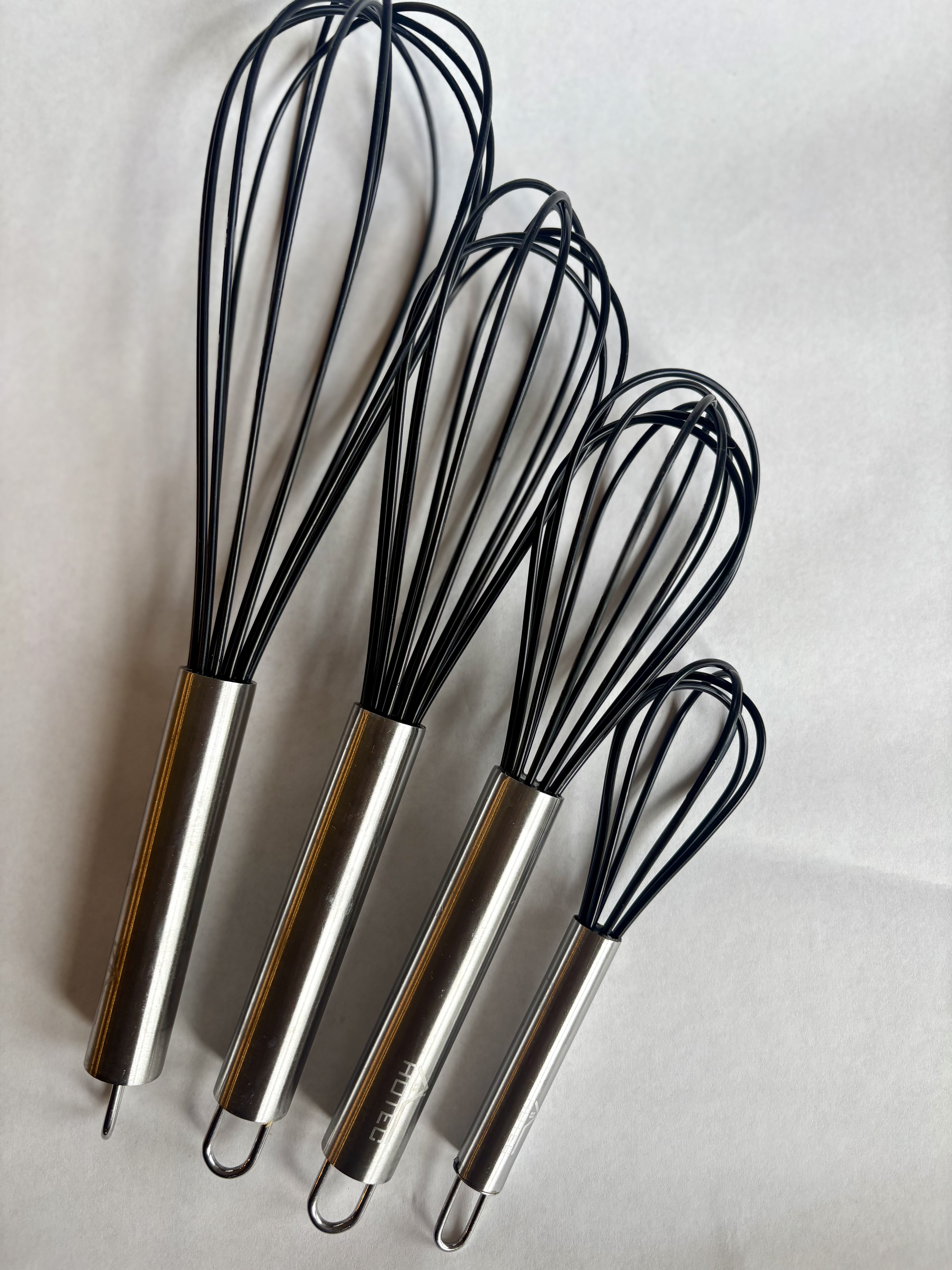 HOTEC 4 Pieces Silicone Whisks Set, Wire Balloon Whisks Egg Beater, Non-slip Handle Whisk for Non-stick Cookware Perfect for Cooking, Stirring, Beating and Blending (Black)